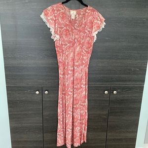 Like New Vintage April Cornell Bias Cut Floral Pink Dress Lace Flounce Sleeve M
